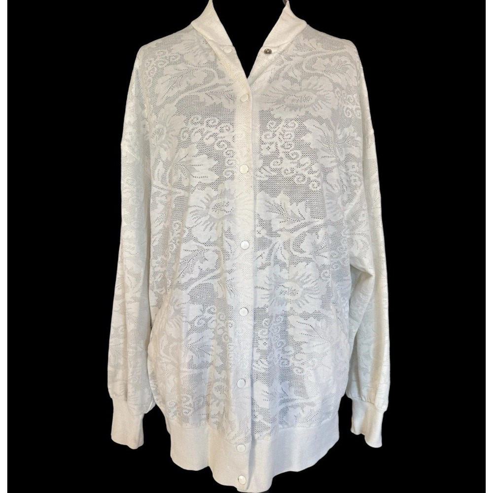 Vintage Romantic Boho Lace Knit Cardigan L Cottage Feminine Floral Button Front